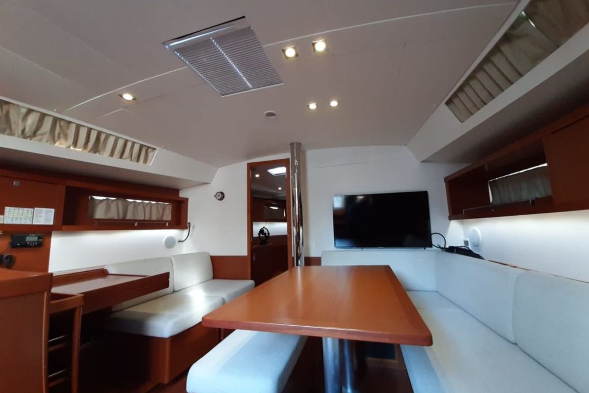 Salon of Storm Dancer 1, a Beneteau Oceanis 45 sailboat at Marmaris, Turkey