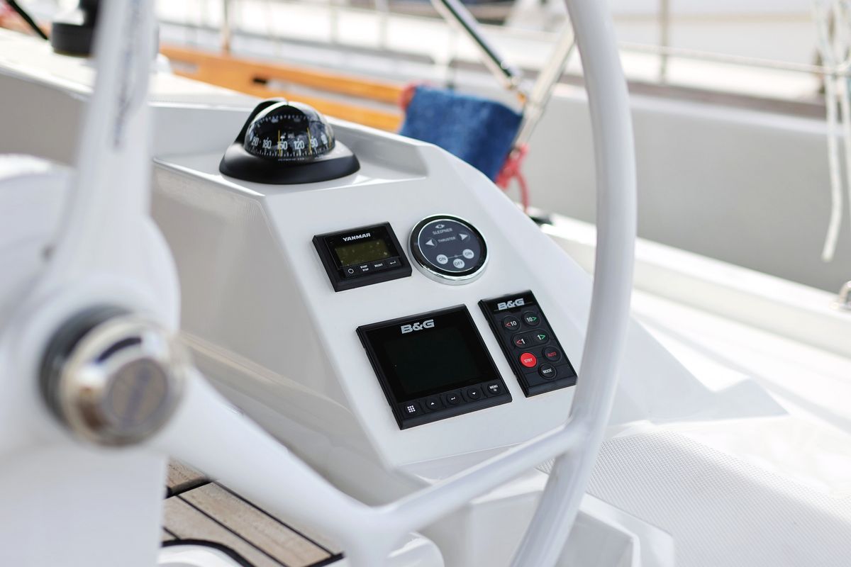 Cockpit of Levente, a Bavaria C42 sailboat at Grad Vodice, Croatia