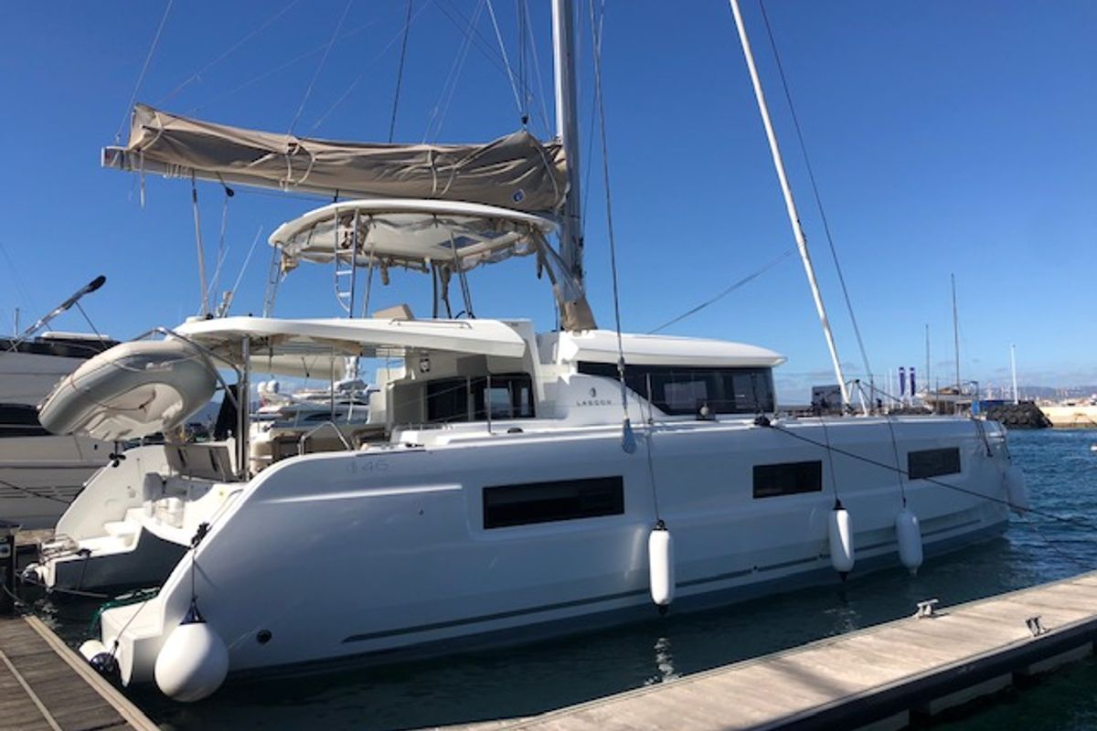 Exterior view of Machango, a Lagoon 46 catamaran at es Jonquet, Spain
