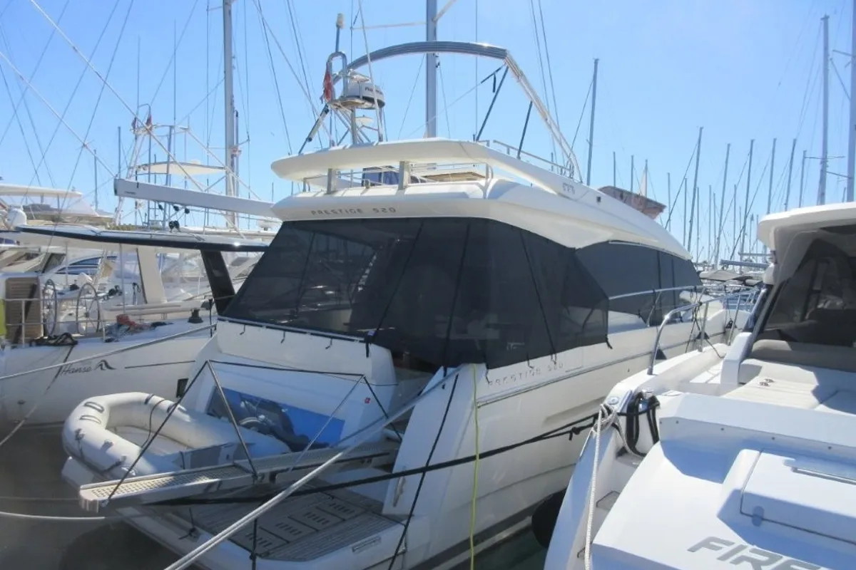 Exterior view of Medusa, a Jeanneau Prestige 520 Flybridge yacht at Split, Croatia