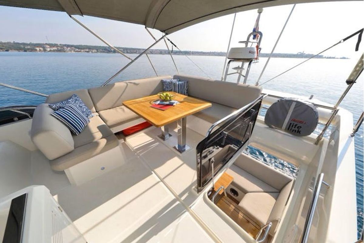 Deck of Medusa, a Jeanneau Prestige 520 Flybridge yacht at Split, Croatia