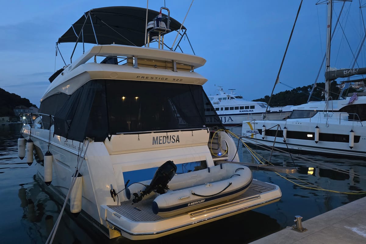 Deck of Medusa, a Jeanneau Prestige 520 Flybridge yacht at Split, Croatia