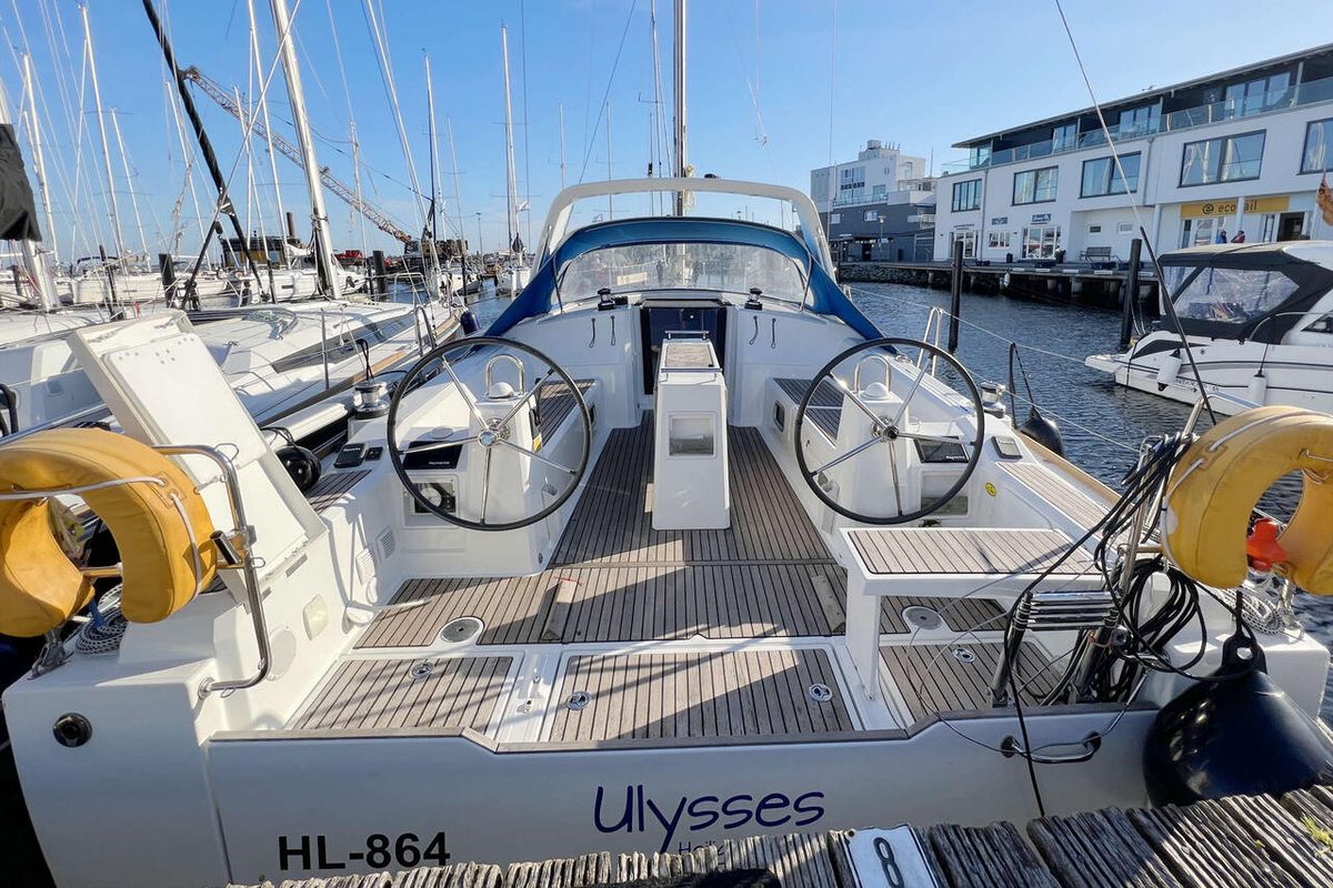 Cockpit of Ulysses, a Beneteau Oceanis 38 sailboat at Heiligenhafen, Germany