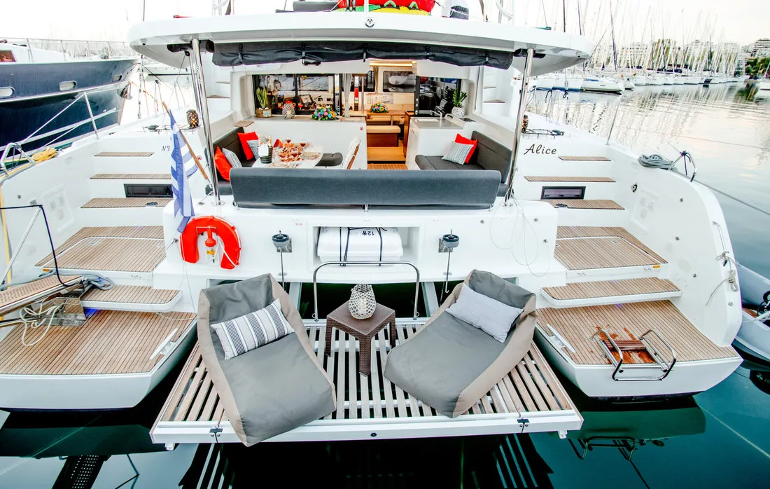 Deck of Alice, a Lagoon 46 catamaran at Athens, Greece
