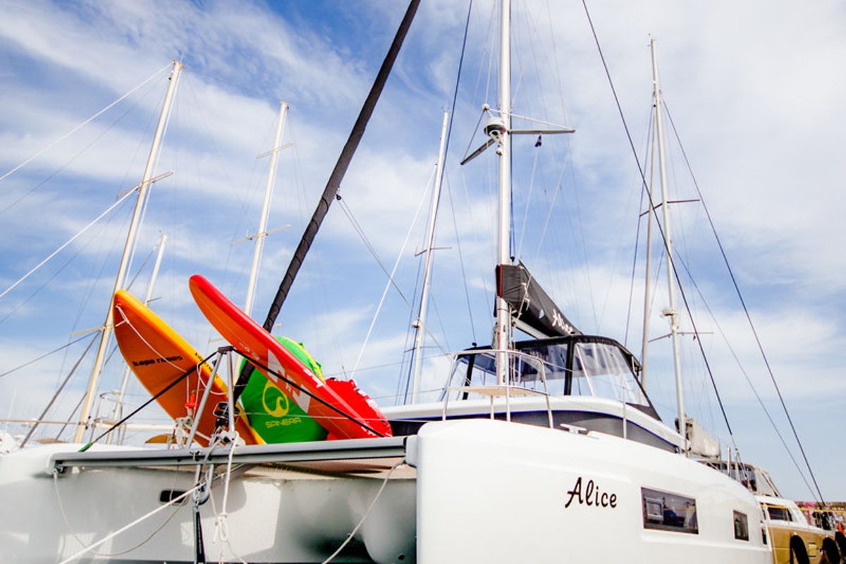 Exterior view of Alice, a Lagoon 46 catamaran at Athens, Greece