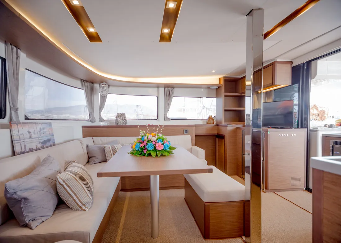 Salon of Alice, a Lagoon 46 catamaran at Athens, Greece