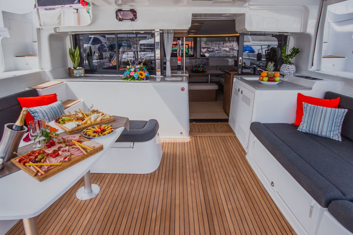 Deck of Alice, a Lagoon 46 catamaran at Athens, Greece