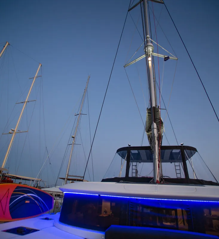 Exterior view of Alice, a Lagoon 46 catamaran at Athens, Greece
