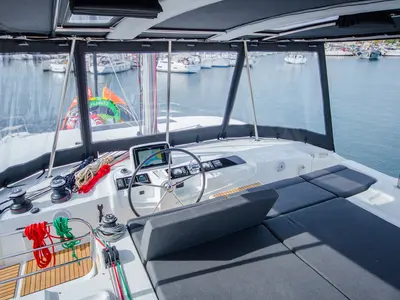Cockpit of Alice, a Lagoon 46 catamaran at Athens, Greece