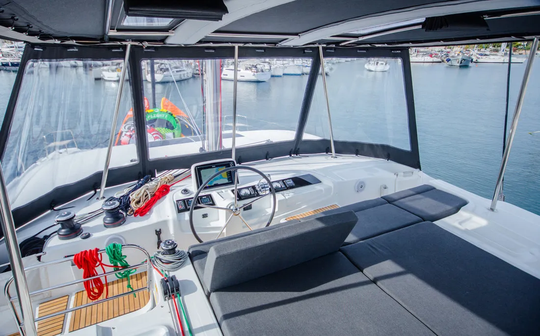 Cockpit of Alice, a Lagoon 46 catamaran at Athens, Greece
