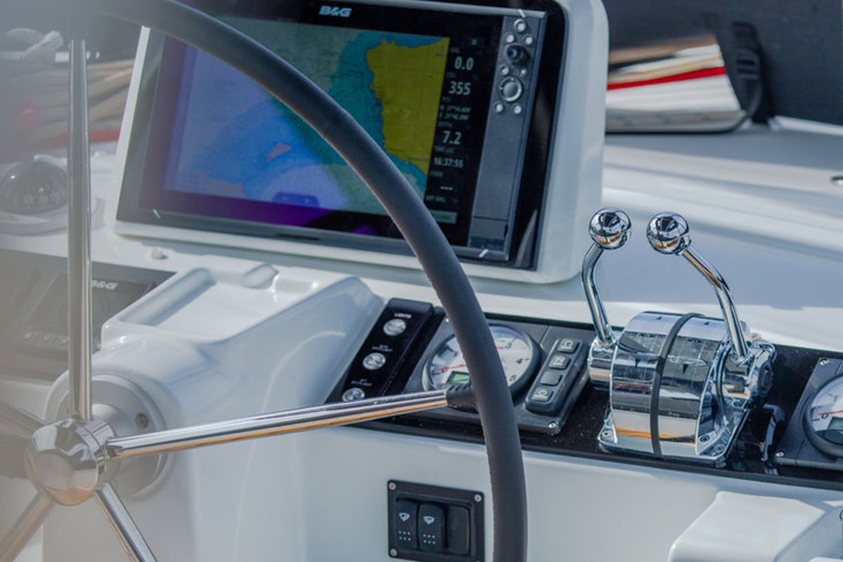 Cockpit of Alice, a Lagoon 46 catamaran at Athens, Greece