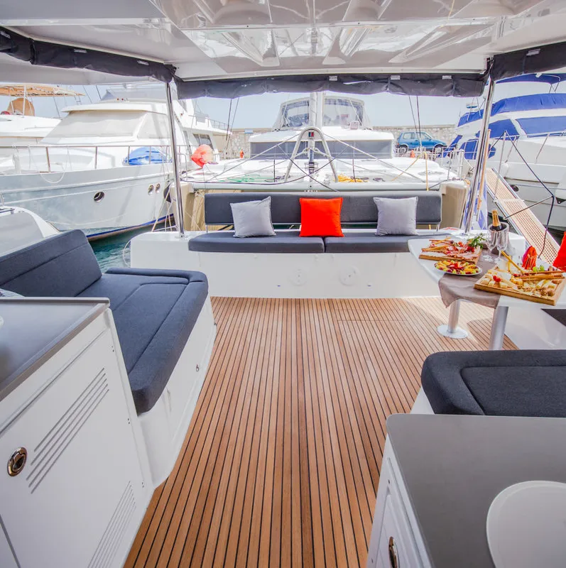 Deck of Alice, a Lagoon 46 catamaran at Athens, Greece