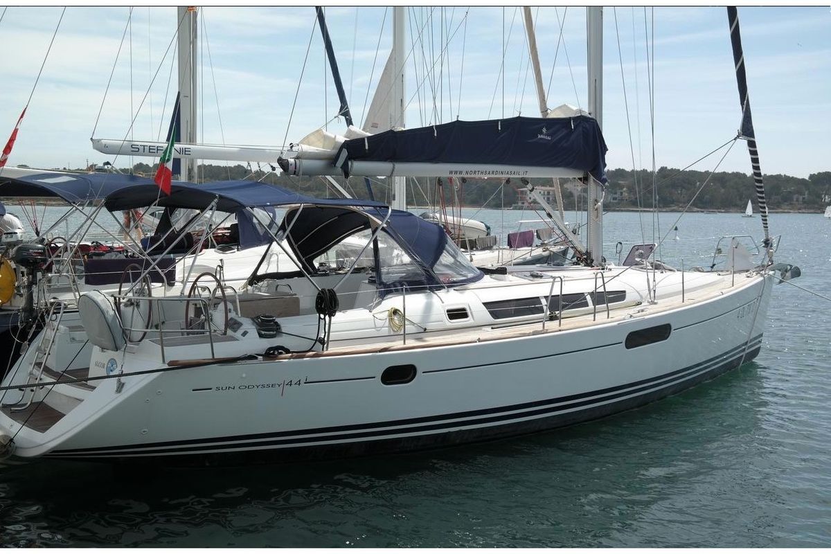 Exterior view of Alcor , a Jeanneau Sun Odyssey 44 i sailboat at Olbia, Italy