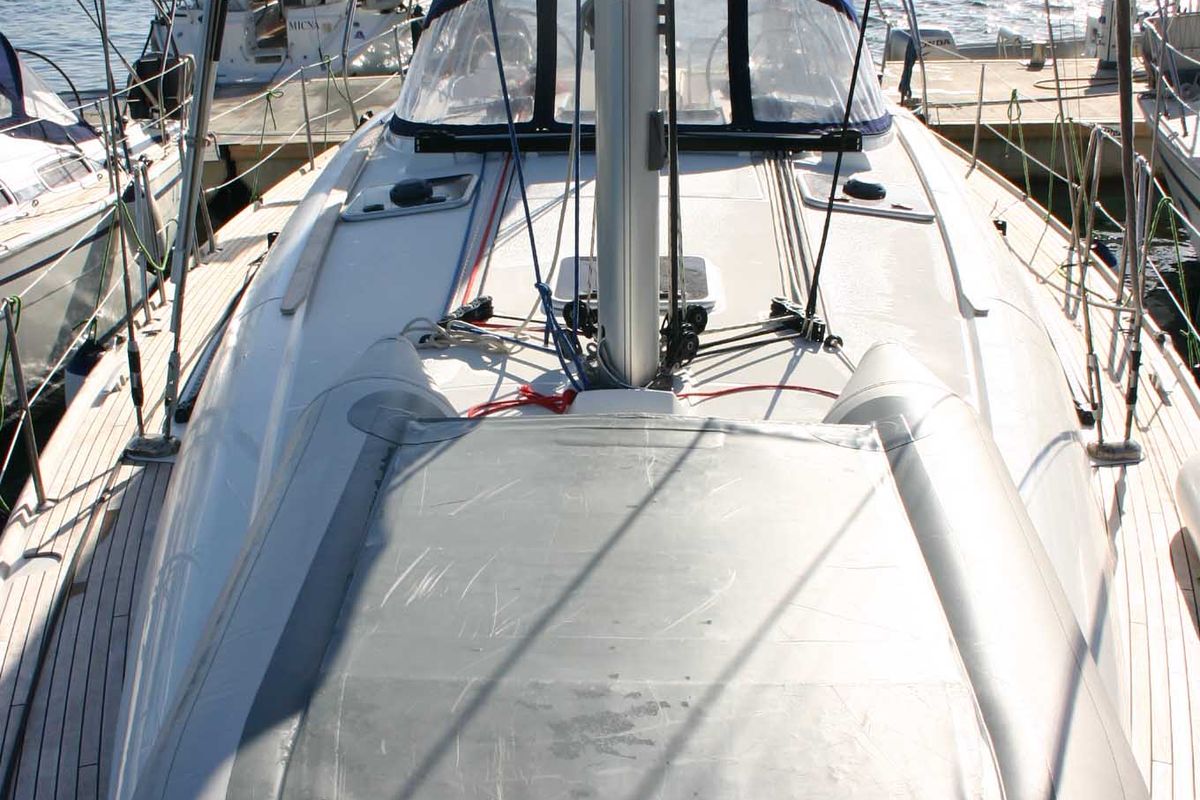 Deck of Alcor , a Jeanneau Sun Odyssey 44 i sailboat at Olbia, Italy