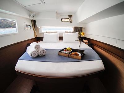 Cabin on BLUE STEEL, a Lagoon 42 catamaran at Athens, Greece