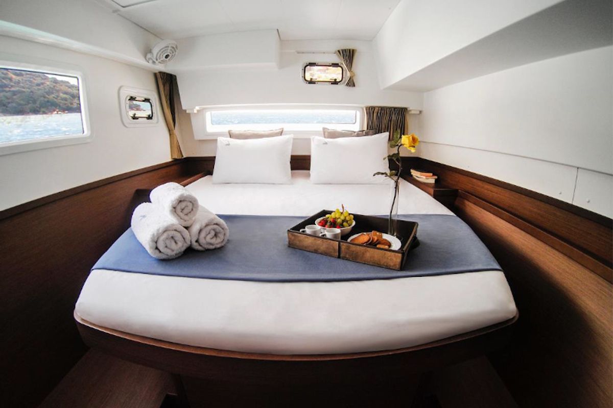 Cabin on BLUE STEEL, a Lagoon 42 catamaran at Athens, Greece