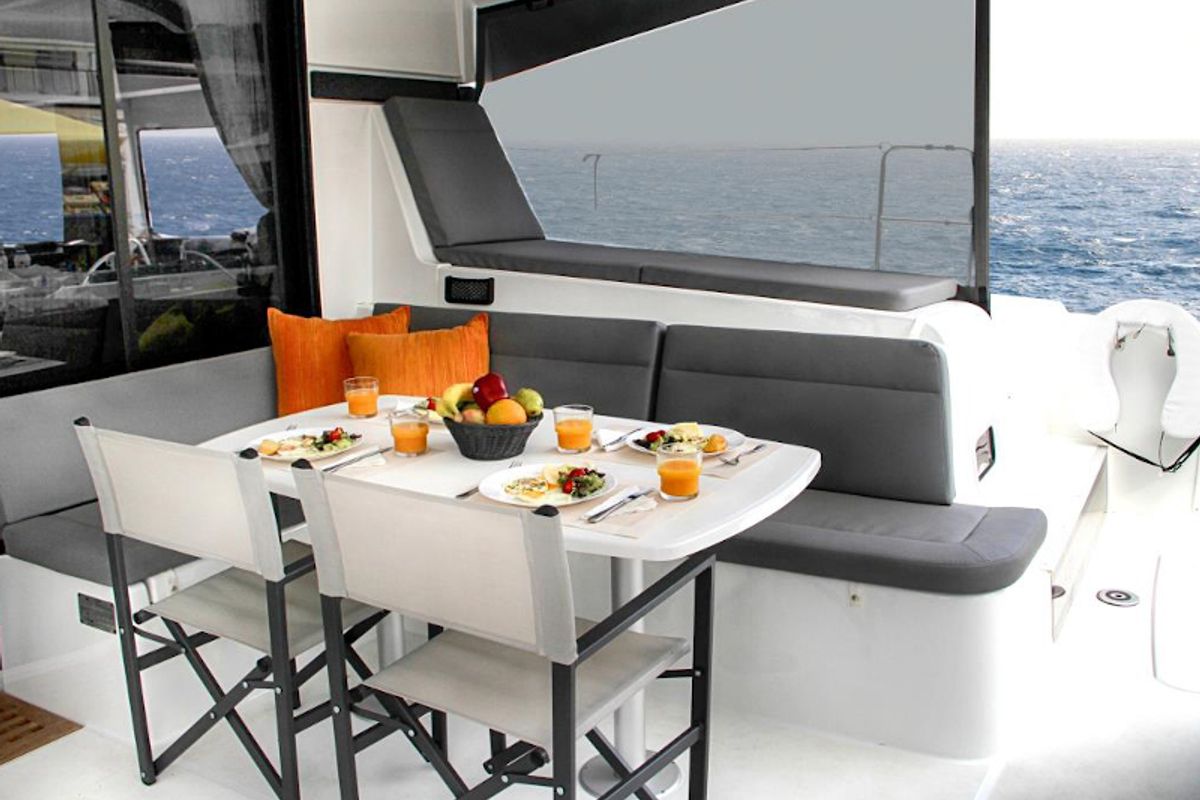 Deck of BLUE STEEL, a Lagoon 42 catamaran at Athens, Greece