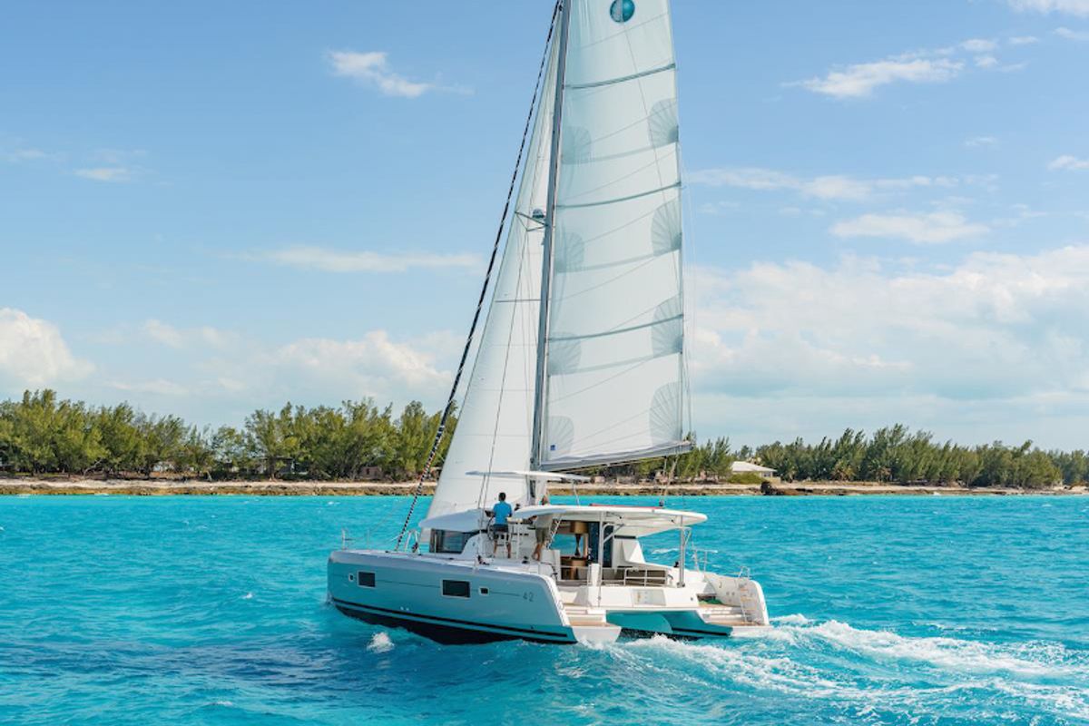 Exterior view of BLUE STEEL, a Lagoon 42 catamaran at Athens, Greece