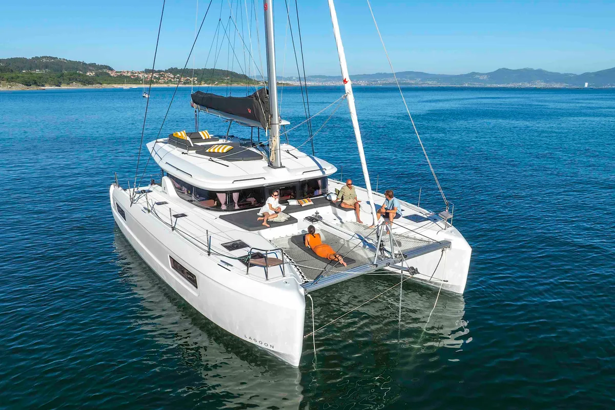 Exterior view of WHITE PEARL, a Lagoon 43 catamaran at Sant Antoni de Portmany, Spain
