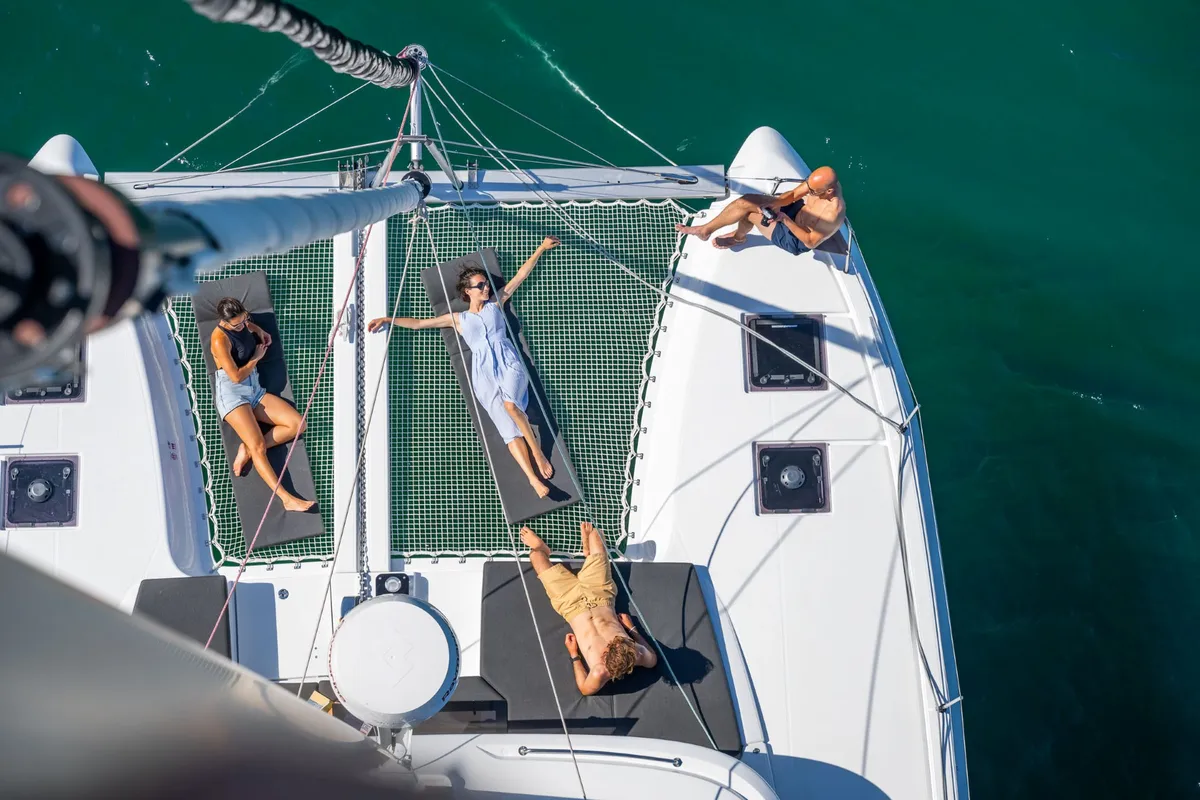 Deck of WHITE PEARL, a Lagoon 43 catamaran at Sant Antoni de Portmany, Spain