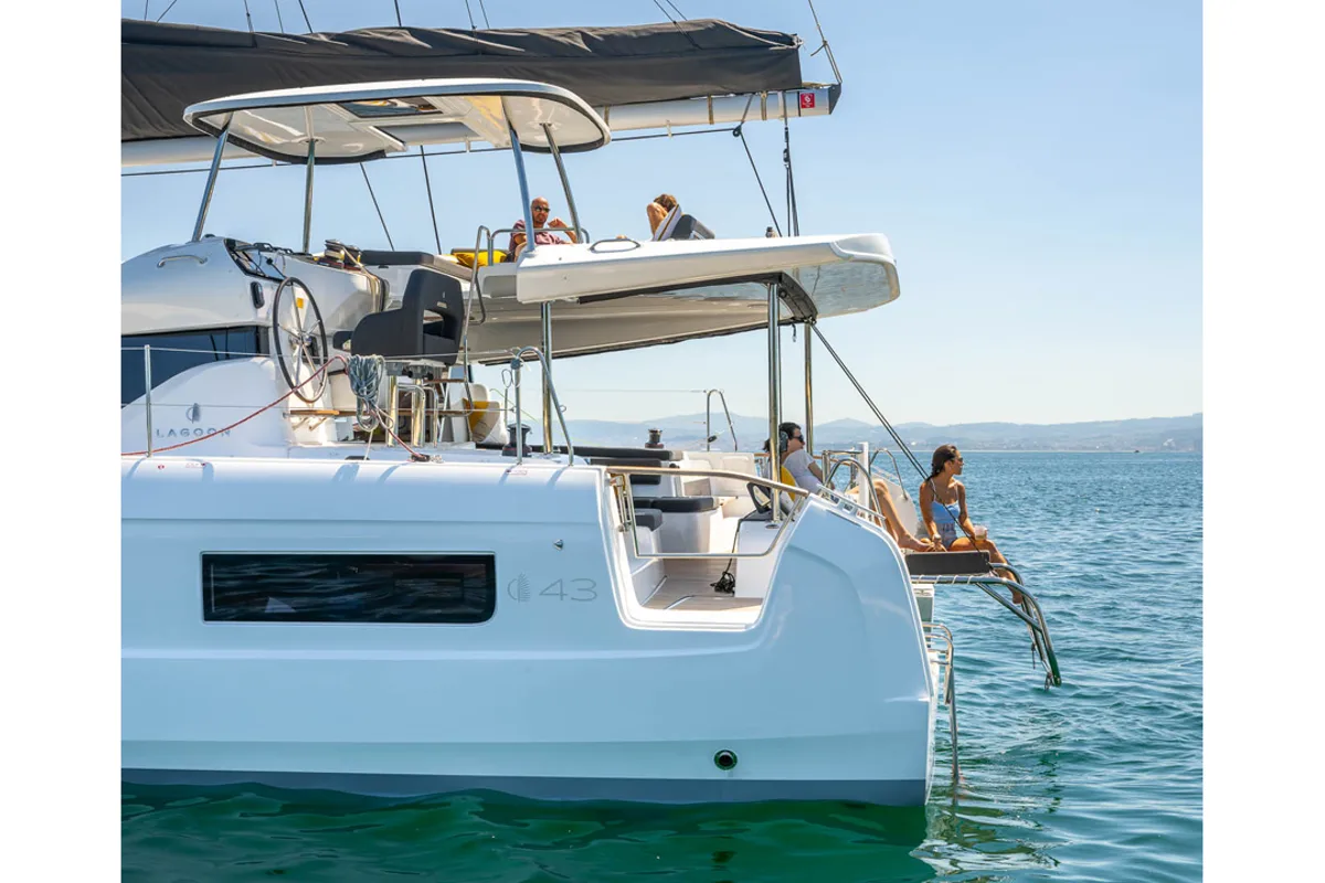 Exterior view of WHITE PEARL, a Lagoon 43 catamaran at Sant Antoni de Portmany, Spain