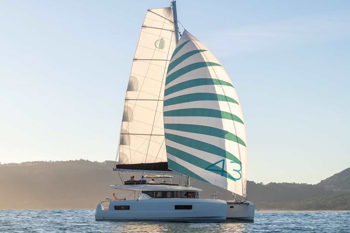 Exterior view of WHITE PEARL, a Lagoon 43 catamaran at Sant Antoni de Portmany, Spain