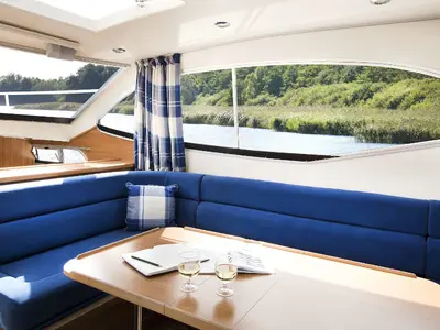 Salon of E300-4, a Pénichette Europa E.300 motorboat at Loosdrecht, Netherlands