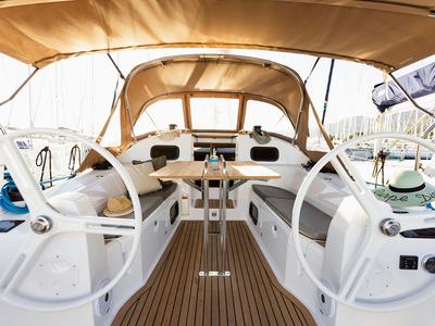 Cockpit of Danu, a Elan Impression 40 sailboat at Grad Kaštela, Croatia