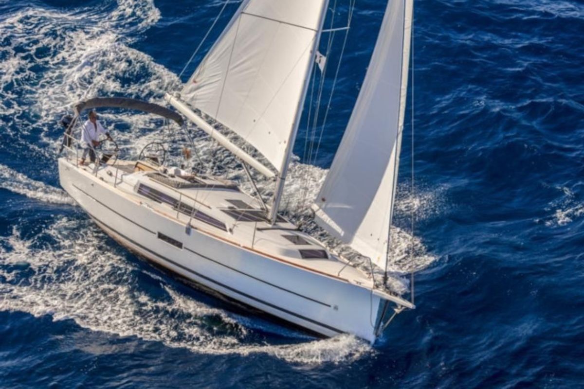 Exterior view of Imagine, a Dufour 360 Grand Large sailboat at Athens, Greece