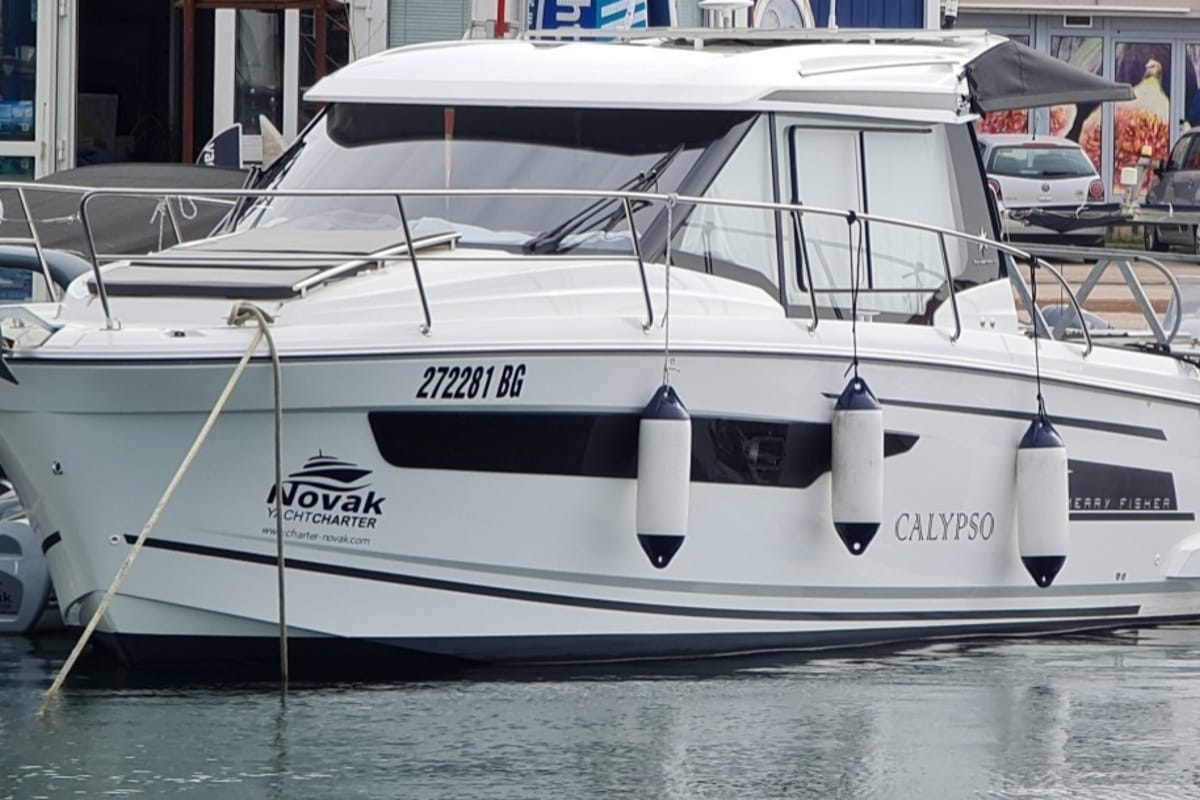 Exterior view of Calypso, a Jeanneau Merry Fisher 895 motorboat at Grad Biograd na Moru, Croatia