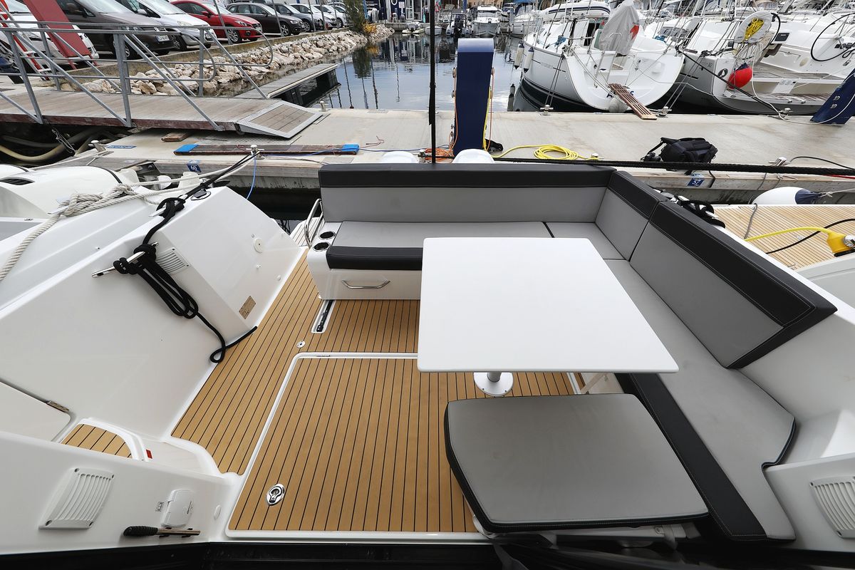 Deck of Calypso, a Jeanneau Merry Fisher 895 motorboat at Grad Biograd na Moru, Croatia