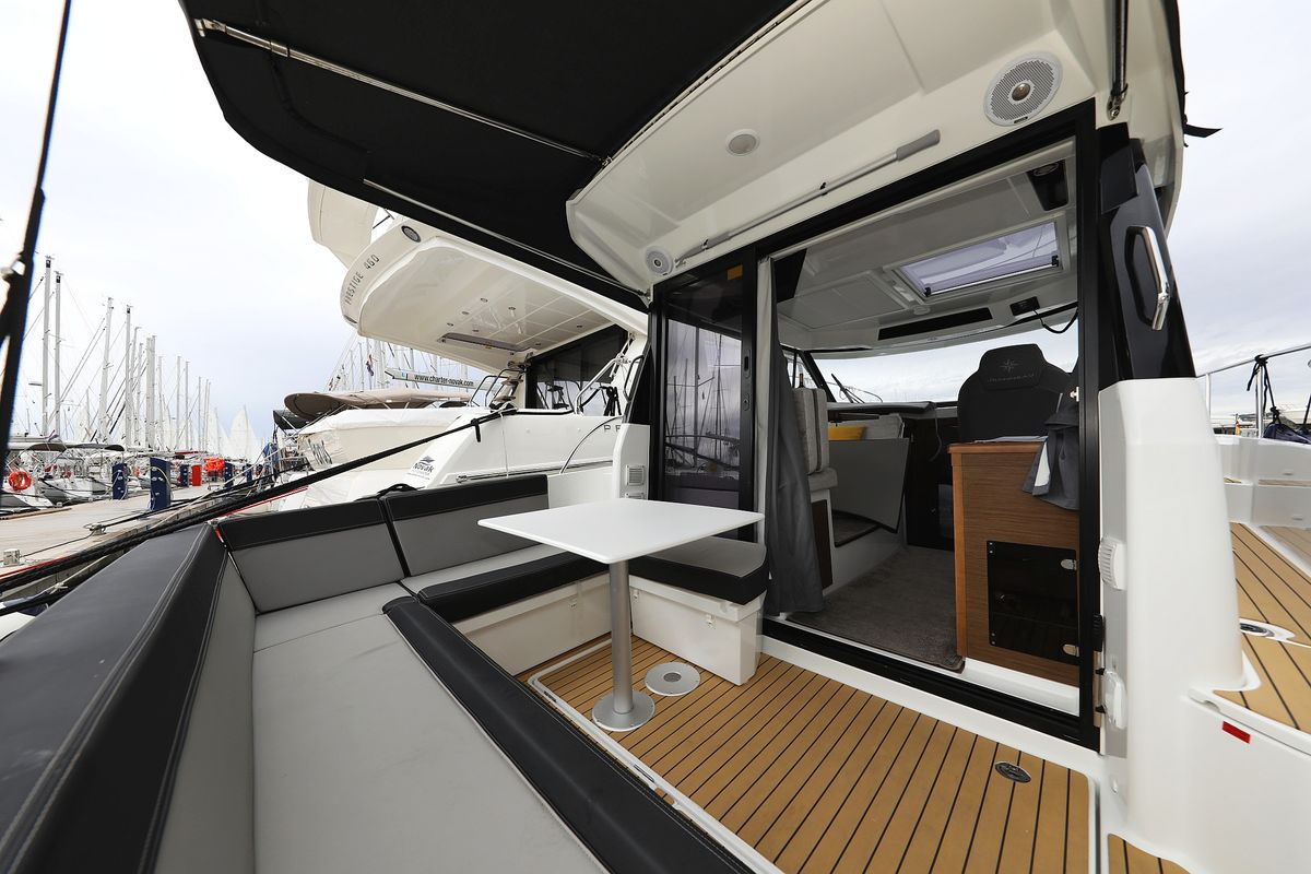 Deck of Calypso, a Jeanneau Merry Fisher 895 motorboat at Grad Biograd na Moru, Croatia