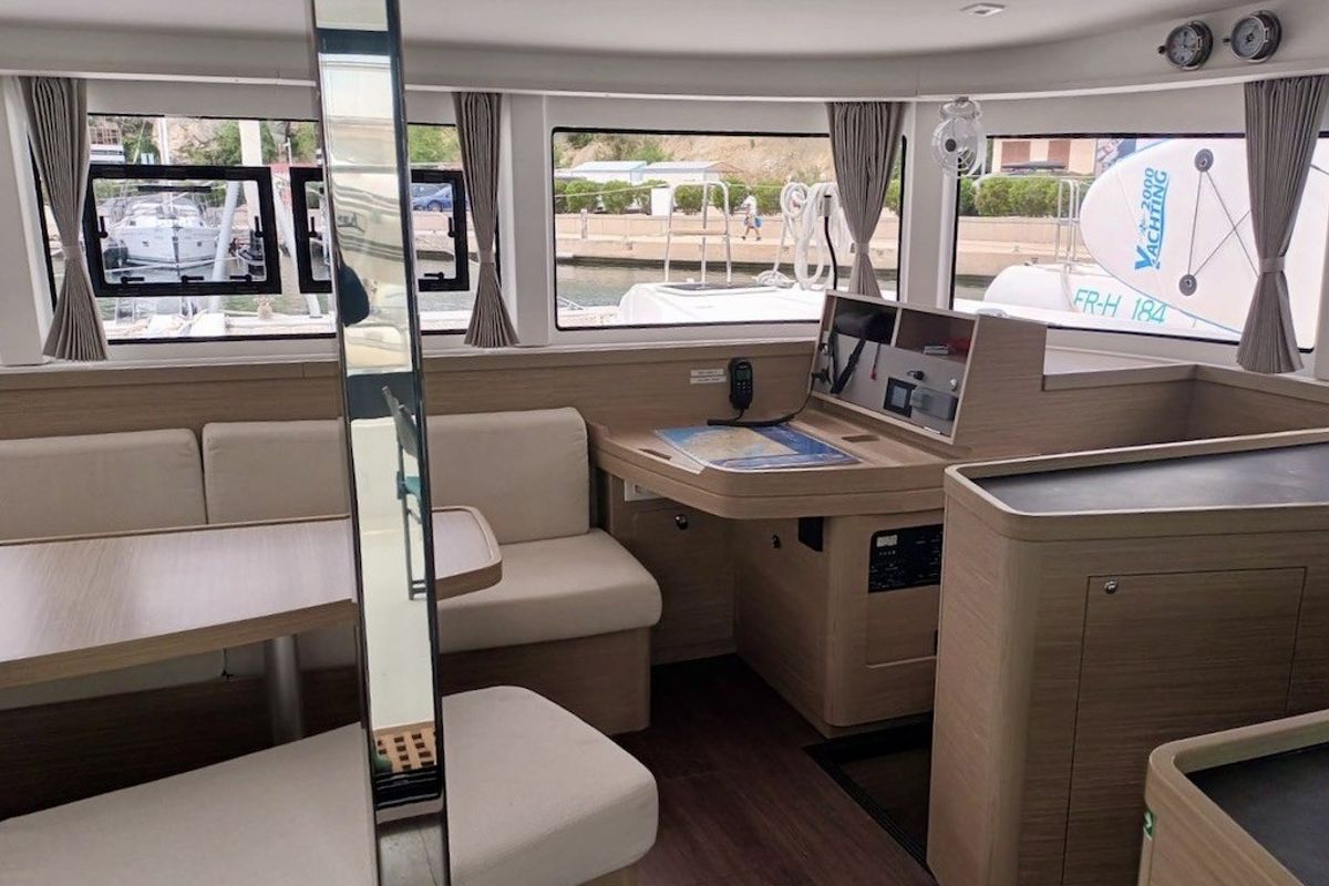 Salon of Grand Deluxe III, a Lagoon 42 catamaran at Grad Šibenik, Croatia