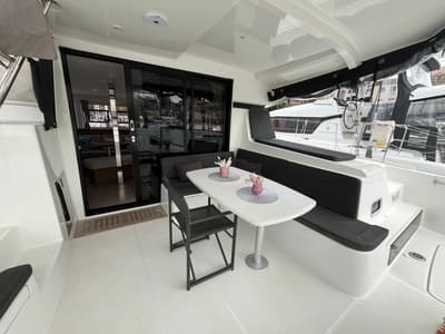 Deck of Grand Deluxe III, a Lagoon 42 catamaran at Grad Šibenik, Croatia