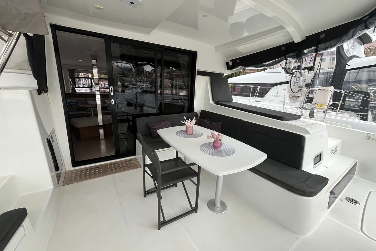 Deck of Grand Deluxe III, a Lagoon 42 catamaran at Grad Šibenik, Croatia