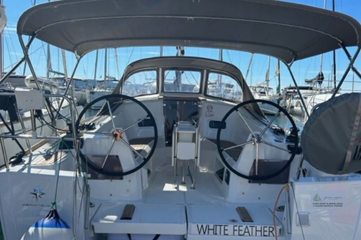 Cockpit of White Feather, a Jeanneau Sun Odyssey 349 sailboat at Grad Biograd na Moru, Croatia