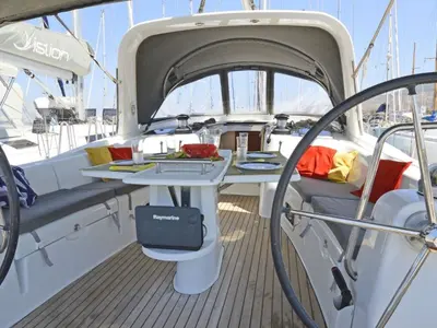 Cockpit of Leandros D, a Beneteau Oceanis 50 Family sailboat at Athens, Greece