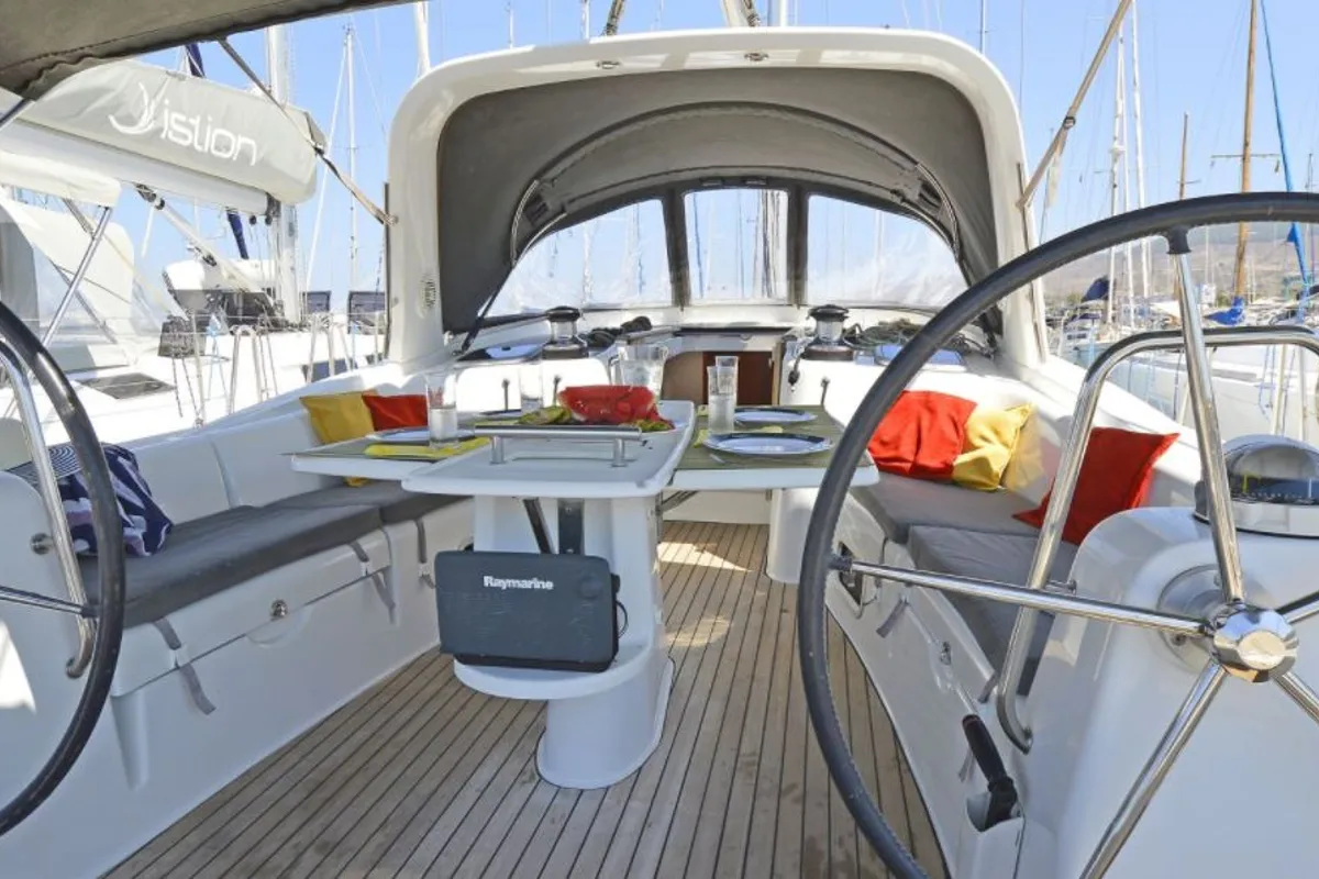 Cockpit of Leandros D, a Beneteau Oceanis 50 Family sailboat at Athens, Greece