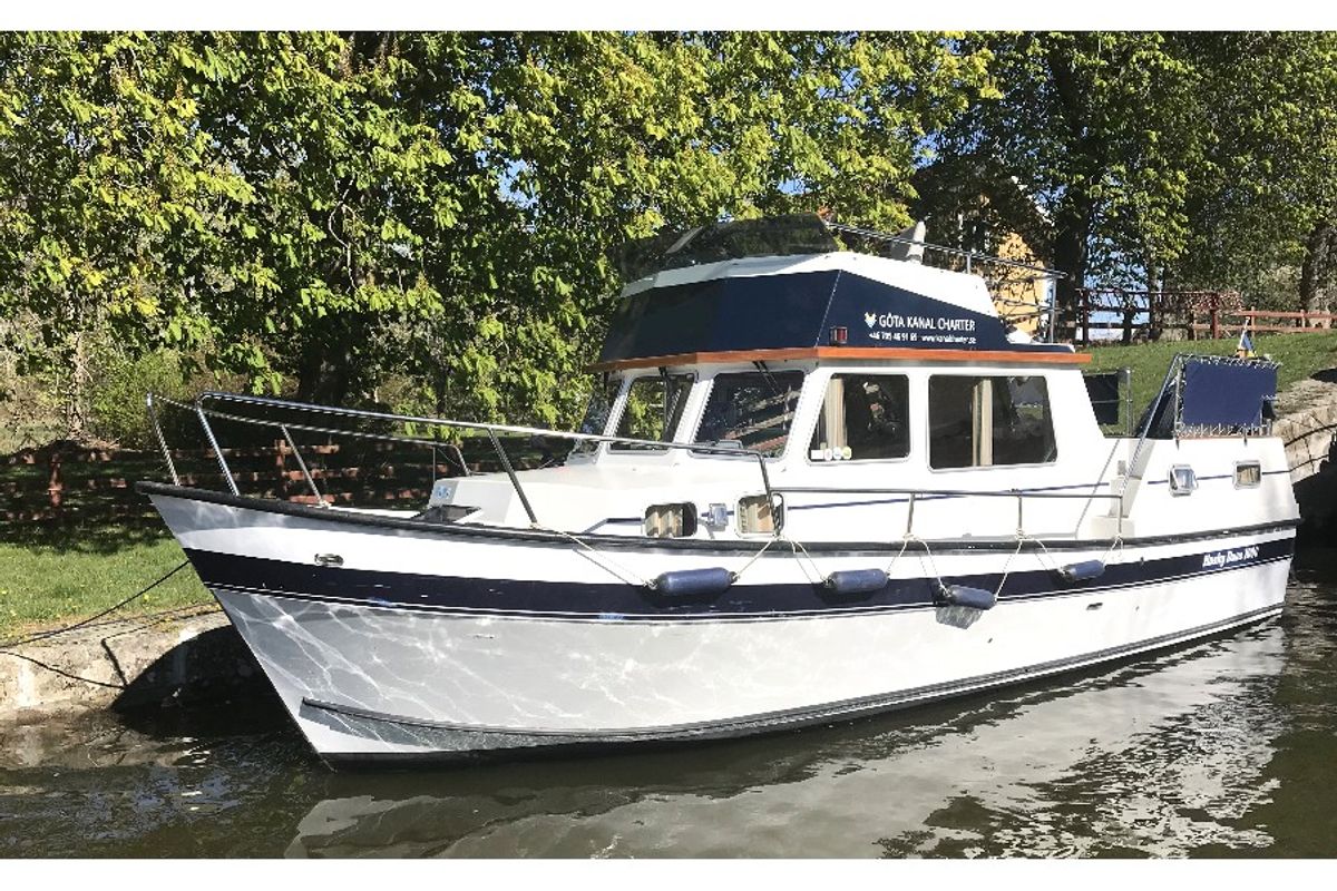 Exterior view of Sophia, a Gulet Husky Dane motorboat at Motala, Sweden