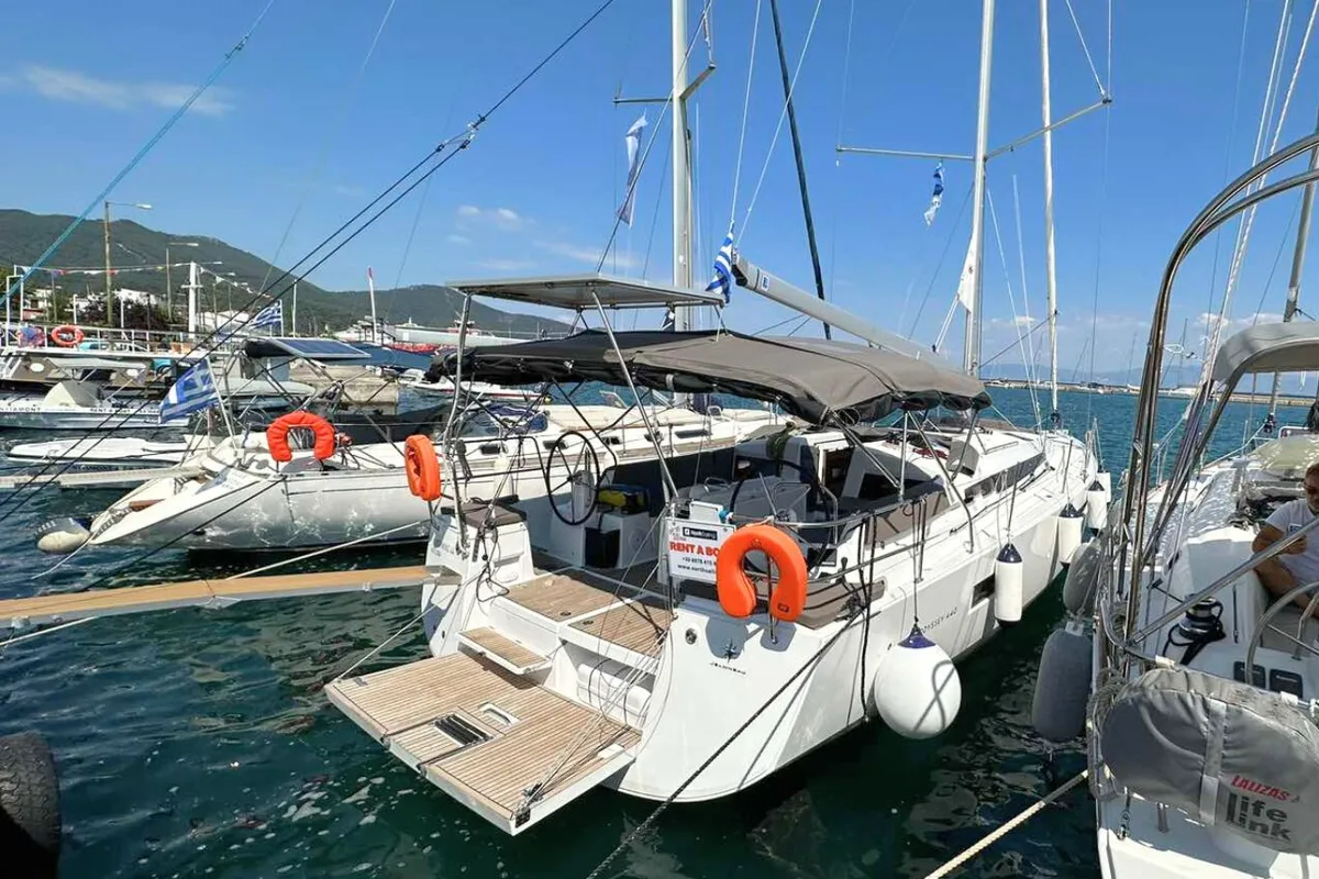 Cockpit of North Wind 44, a Jeanneau Sun Odyssey 440 sailboat at Sipias Municipal Unit, Greece