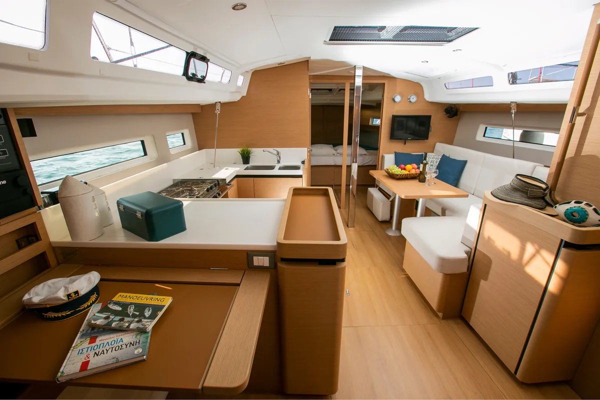 Deck of North Wind 44, a Jeanneau Sun Odyssey 440 sailboat at Sipias Municipal Unit, Greece