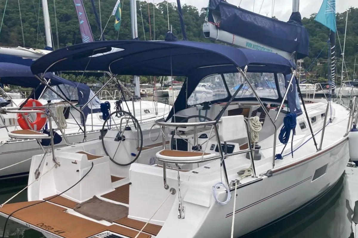 Exterior view of Nossa Toca, a Delta 41 sailboat at Paraty, Brazil