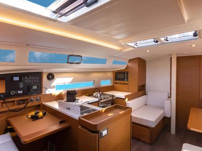 Salon of TETI, a Jeanneau Sun Odyssey 410 sailboat at Vibo Valentia, Italy
