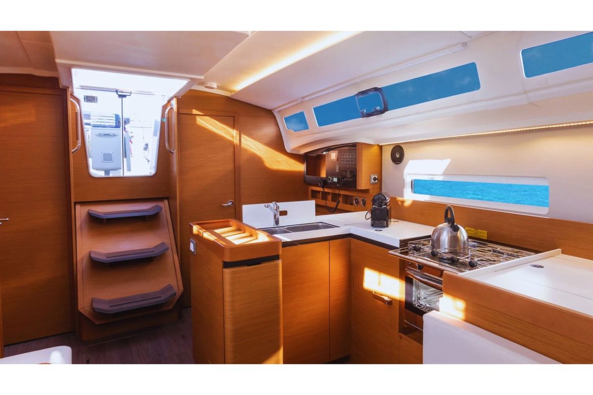 Galley of TETI, a Jeanneau Sun Odyssey 410 sailboat at Vibo Valentia, Italy