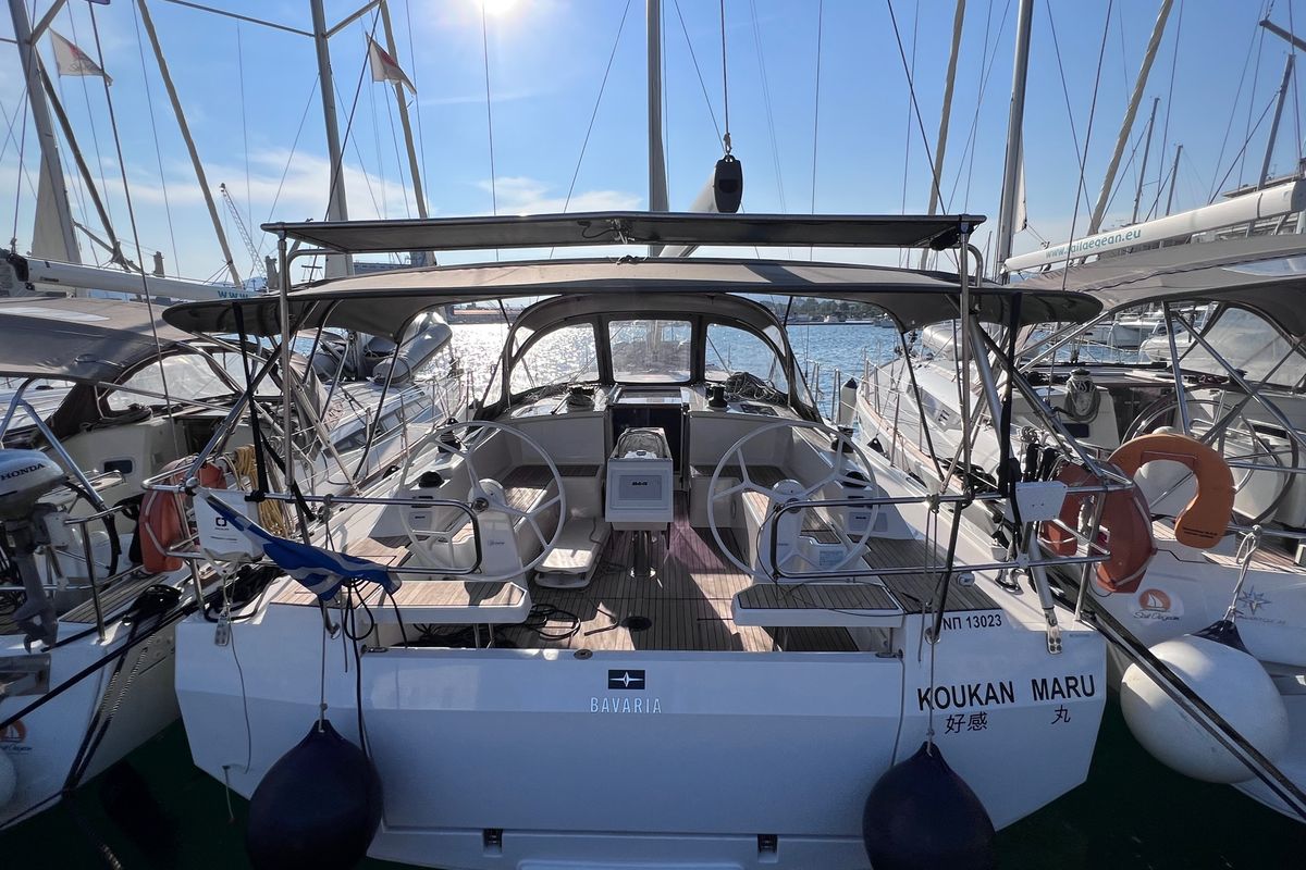 Exterior view of Koukan Maru, a Bavaria C42 sailboat at Loutraki, Greece