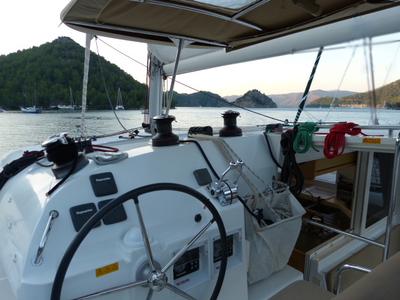Cockpit of Winnie, a Lagoon 400 catamaran at Fethiye, Turkey