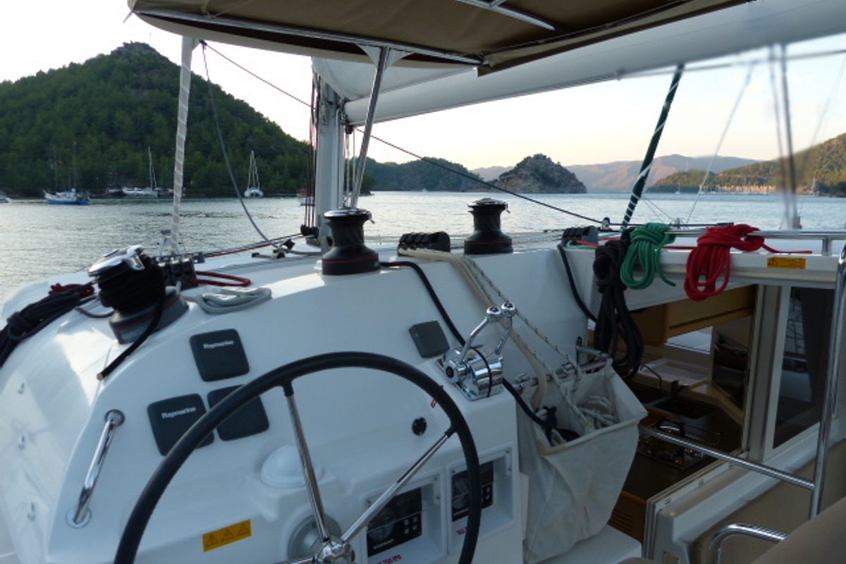 Cockpit of Winnie, a Lagoon 400 catamaran at Fethiye, Turkey