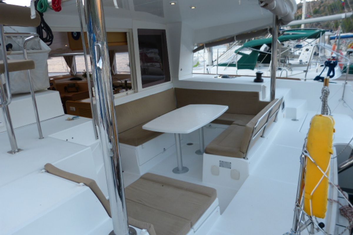Deck of Winnie, a Lagoon 400 catamaran at Fethiye, Turkey