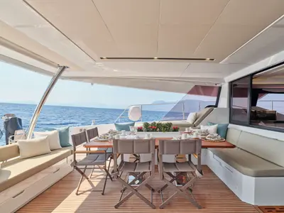 Elly, a Fountaine Pajot Power 67 catamaran at Flisvos Marina, Greece