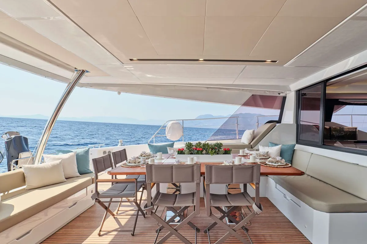 Elly, a Fountaine Pajot Power 67 catamaran at Flisvos Marina, Greece